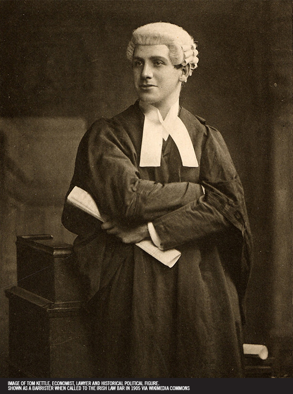 15. Image of Tom Kettle, economist, lawyer and historical political figure. Shown as a barrister when called to the Irish law bar in 1905 via Wikimedia Commons